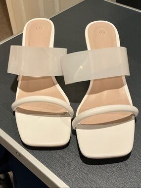 Minimalist White Slide Mules with Clear Strap